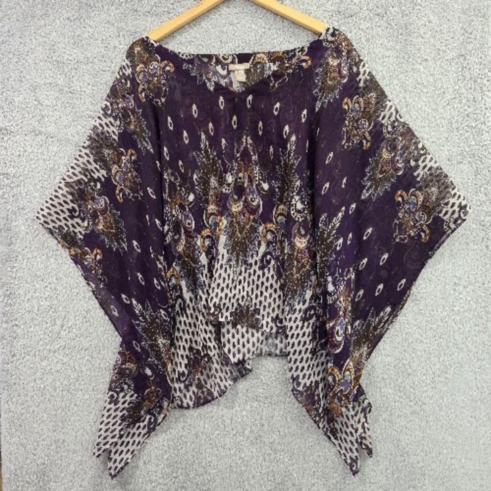 Chicos Poncho Blouse Womens L/XL Purple Paisley Sheer Kaftan Swim Cover Up Moody
